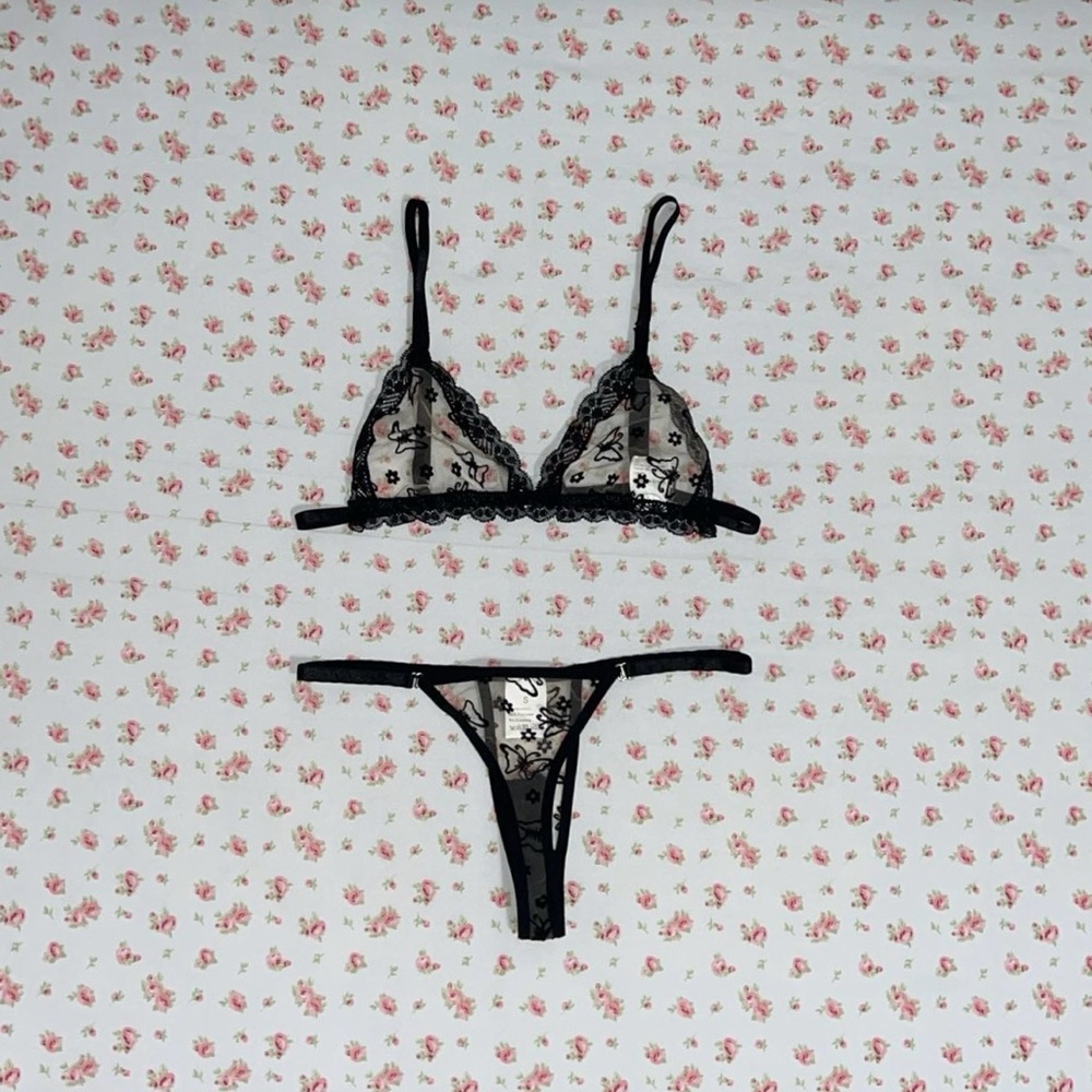 SHEIN Black Sheer Lace Bralette and Thong Set